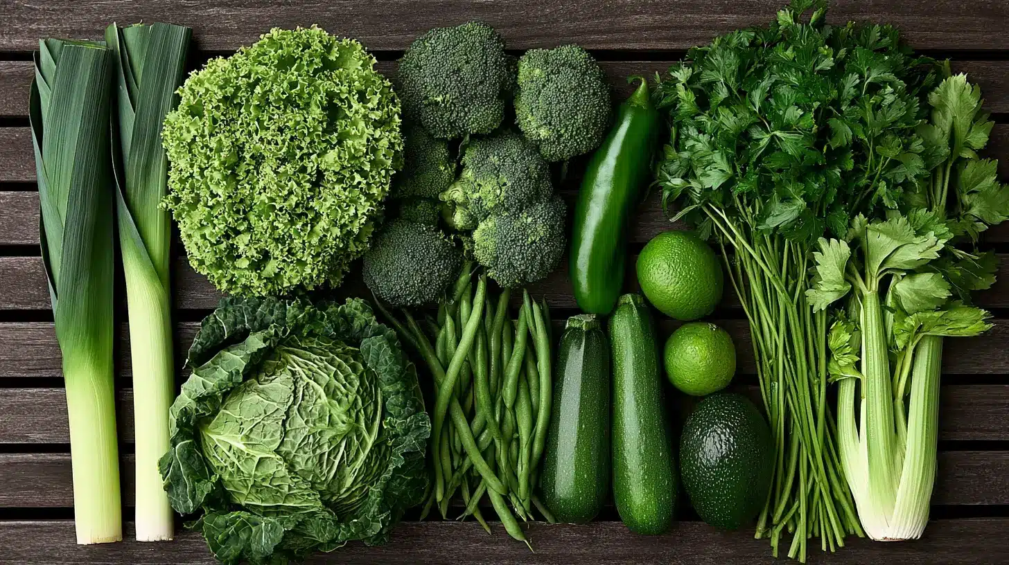 A detailed overhead perspective of a green vegetable arrangement.