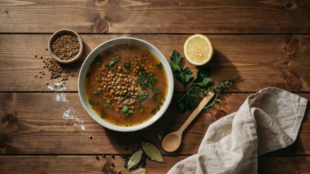 Bowl of lentil soup with dry lentils and herbs, representing a guide to lentils and digestive comfort.