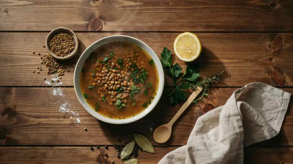 Bowl of lentil soup with dry lentils and herbs, representing a guide to lentils and digestive comfort.