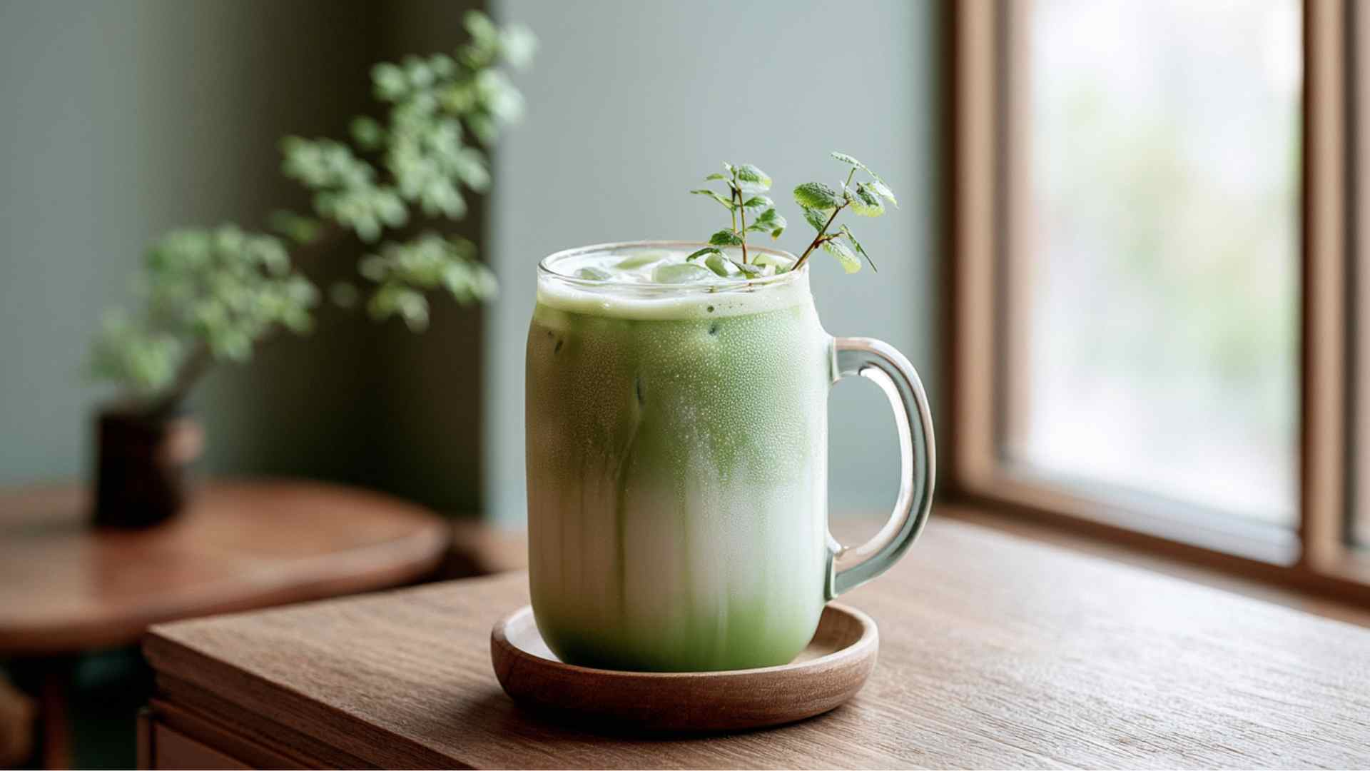 Iced matcha latte in a glass mug with green and milk layers