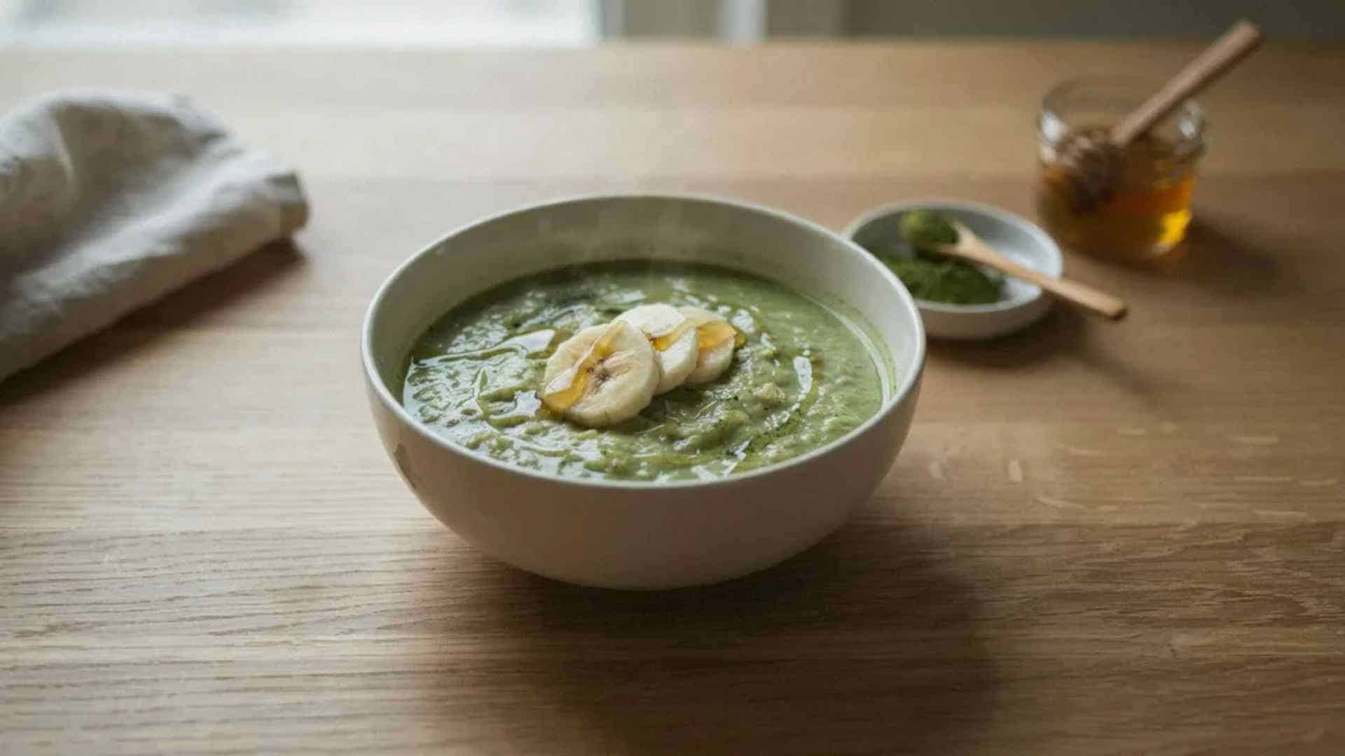 Matcha swirled oatmeal topped with banana, honey, and granola