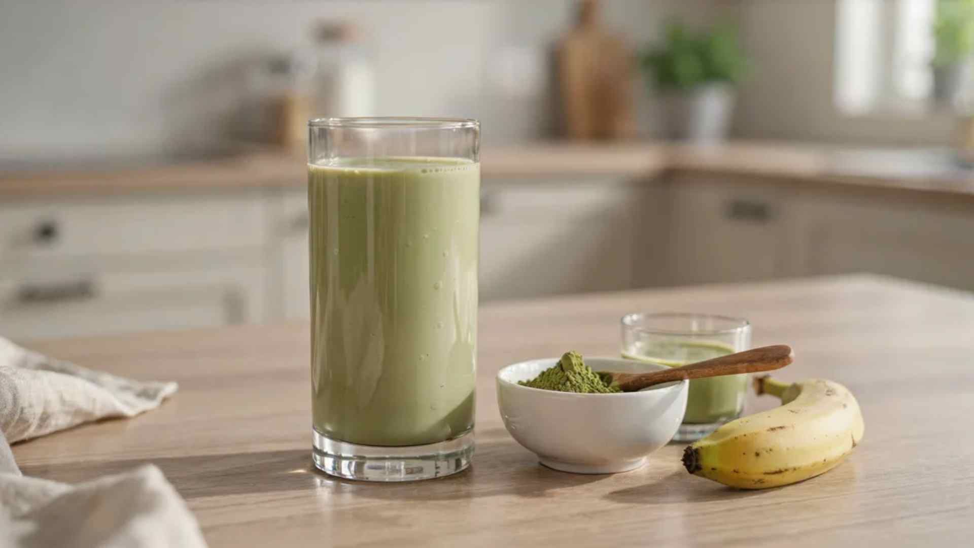 Matcha smoothie topped with banana slices and matcha powder