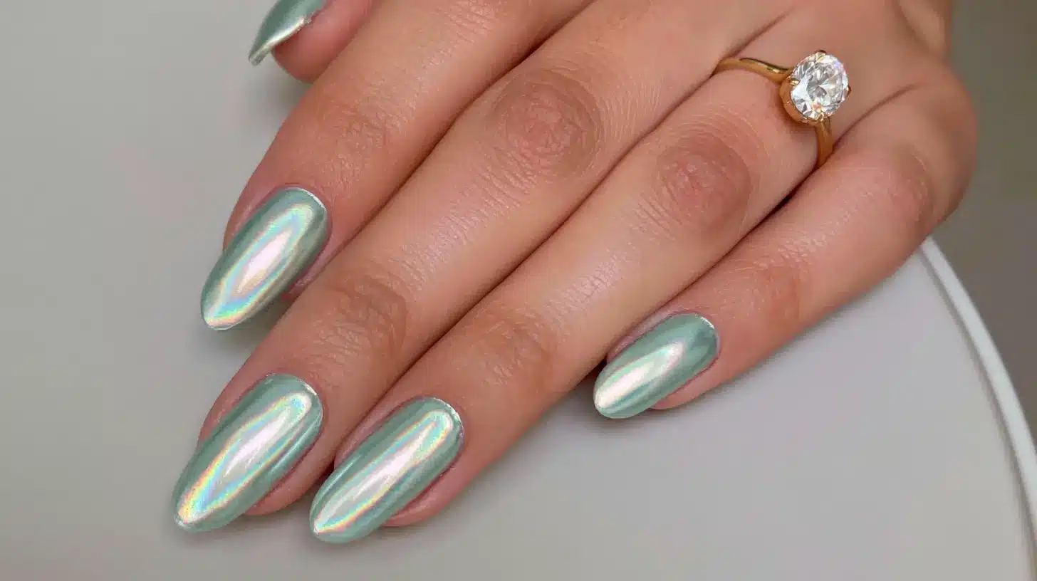 Hand with long, almond-shaped iridescent mint green chrome nails wearing a diamond ring.