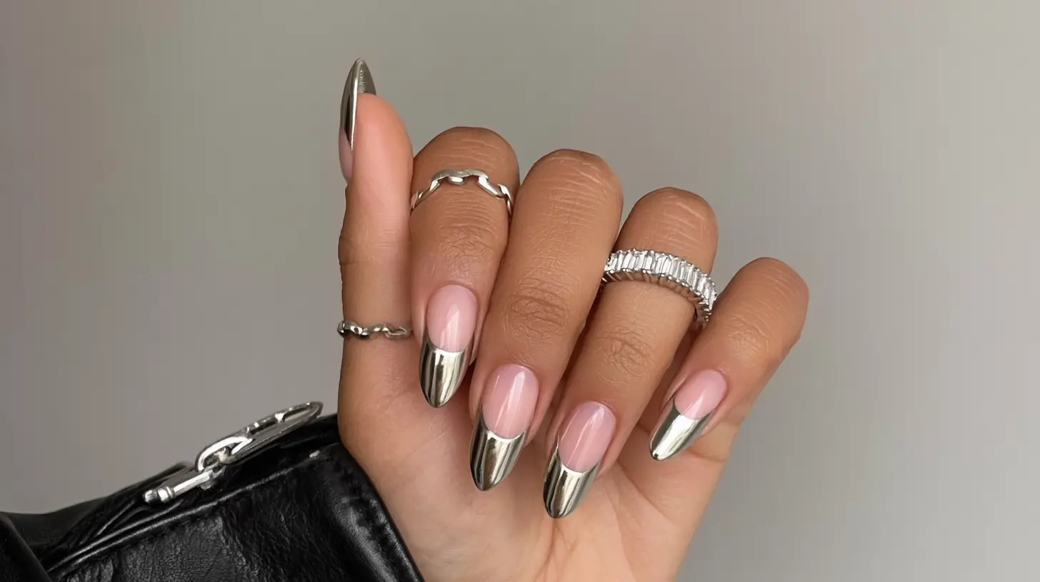 Almond nails with glossy chrome silver French tips on a nude base.