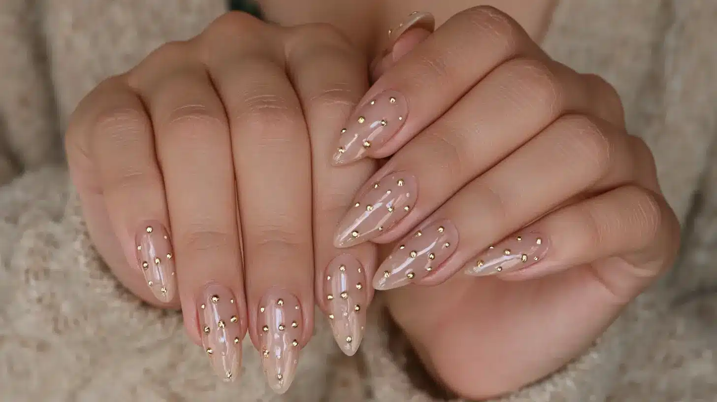 Two hands displaying long, almond-shaped clear nails decorated with small gold metallic studs.