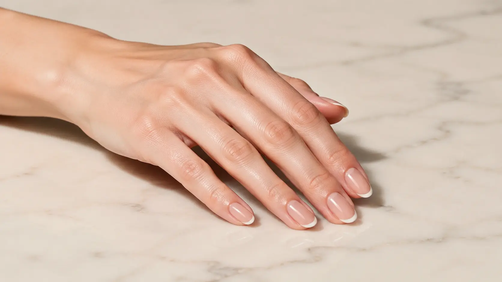 Micro French line nail design featuring thin white tips on glossy nude nails for an elegant simple manicure look