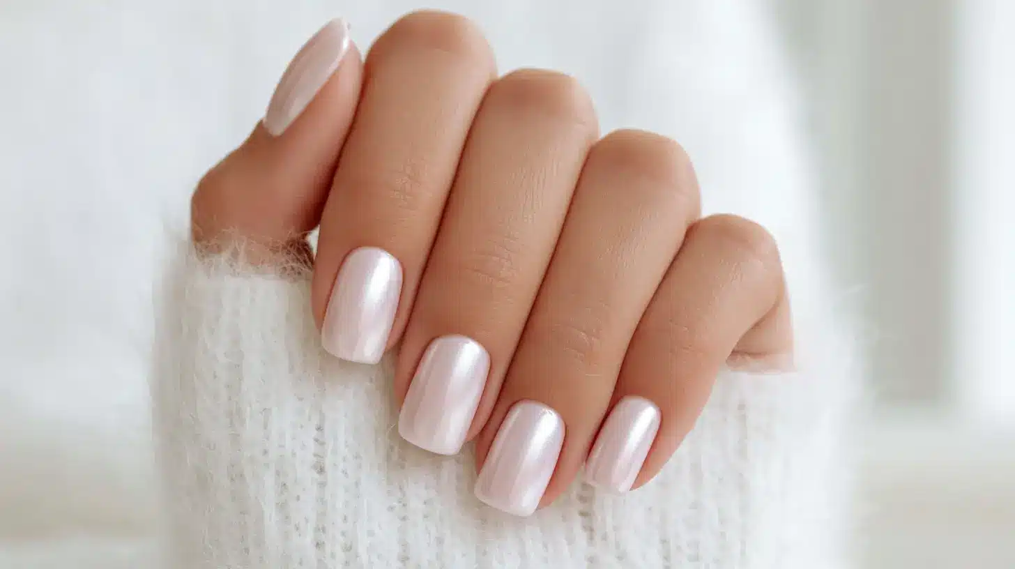 Short square nails with a shimmery pearl white polish finish.