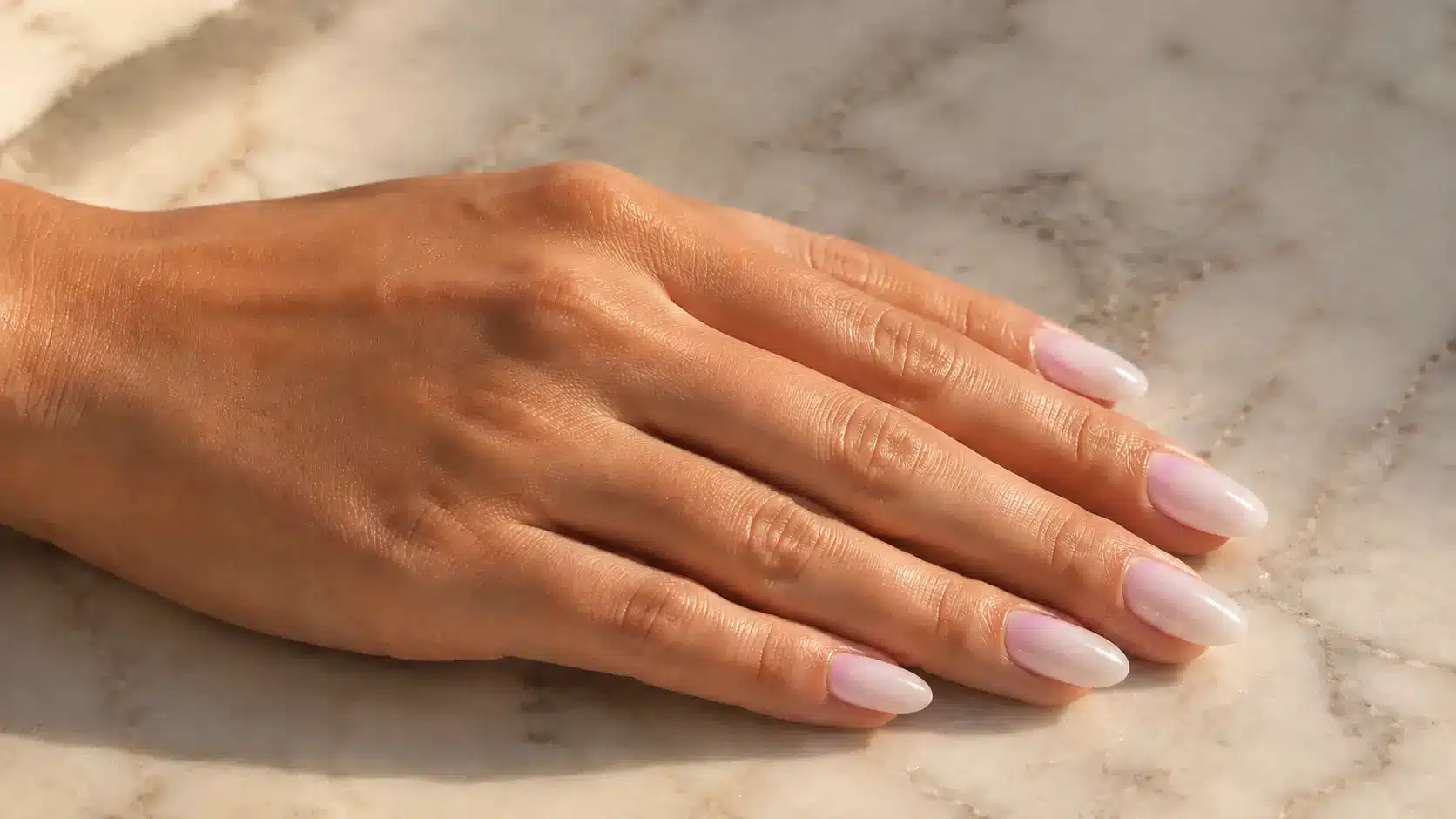 Milky halo nail design featuring soft translucent rings of color on glossy nude nails for a simple nail art look
