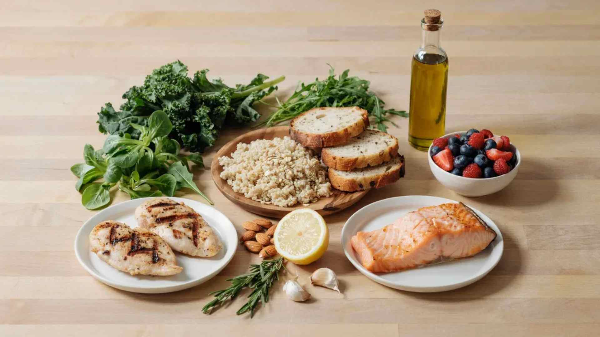 Flat lay of liver-friendly foods including leafy greens, whole grains, berries, and olive oil
