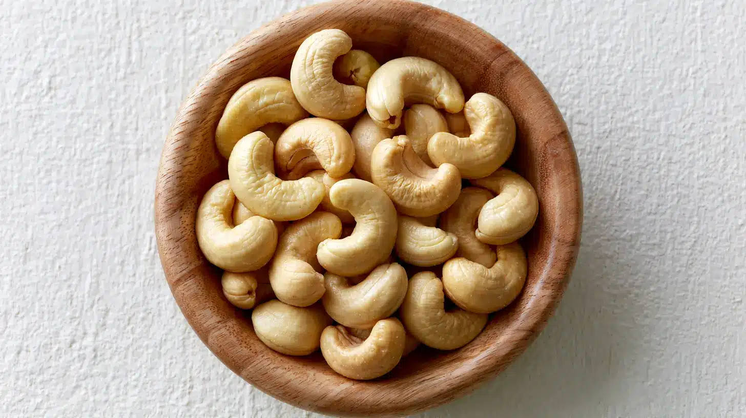raw cashews in a wooden bowl.