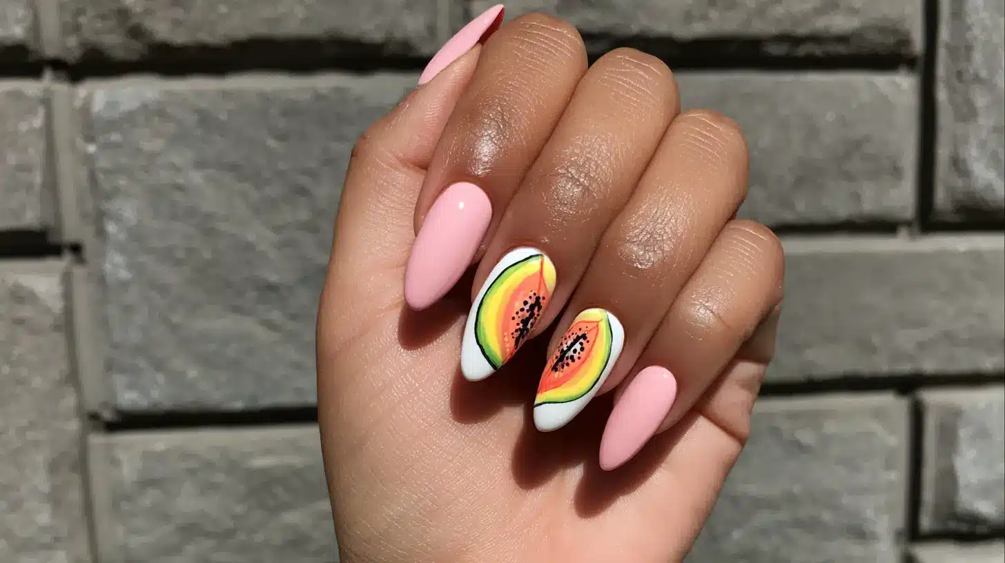 Pink almond nails with two accent nails painted as papaya fruit slices.