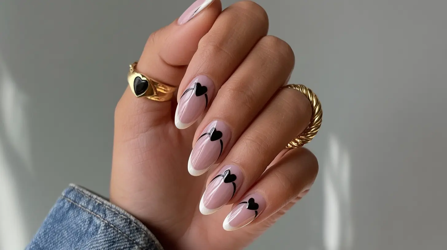 White French tip nails with small black heart accents near the cuticle.