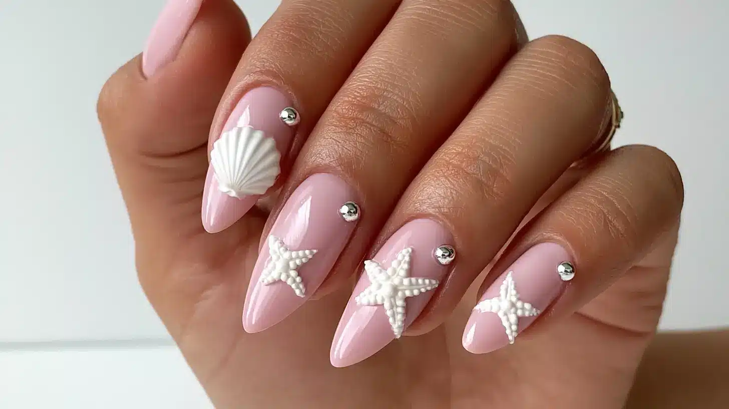 Pink stiletto nails with 3D white starfish, shell, and silver pearl charms.