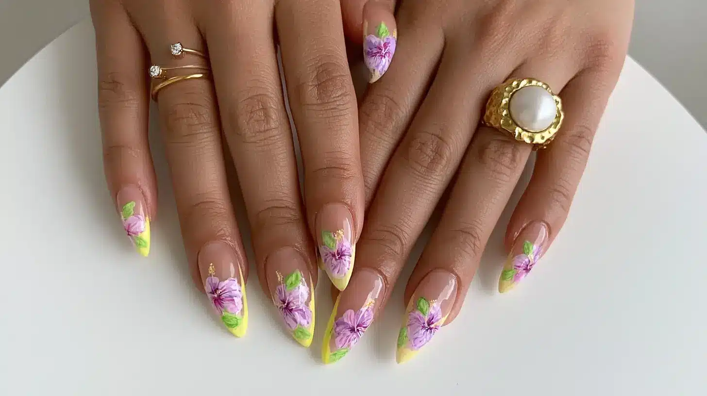 Floral nail art with purple flowers and green accents on nude almond-shaped nails.