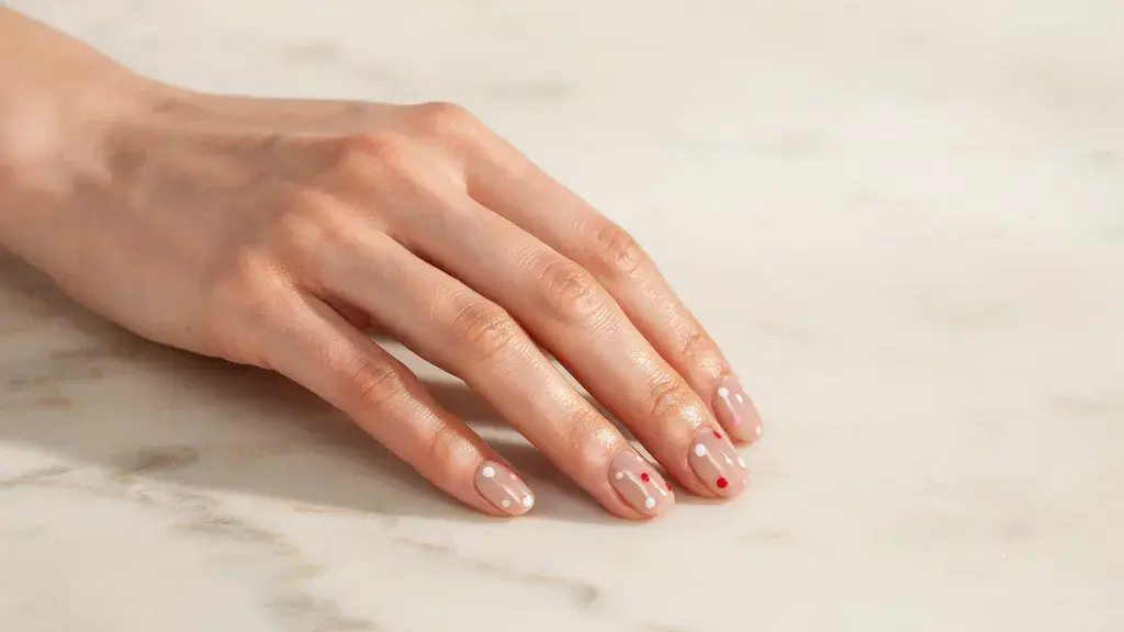 Polka dot nail design featuring glossy nude nails with playful scattered dots for a simple nail art and easy nail design look