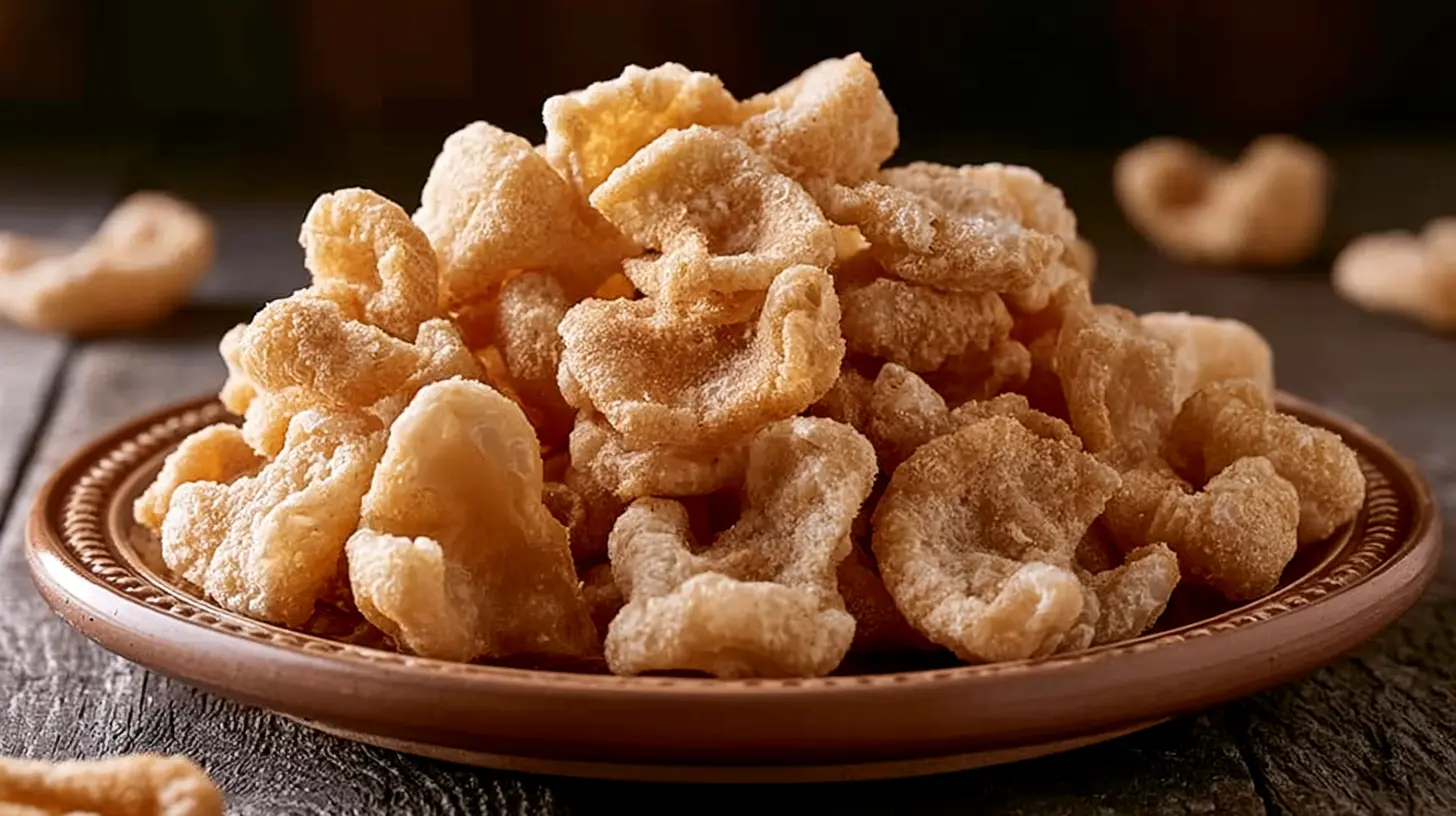 Plate piled with crispy golden pork rinds on a rustic wooden table.