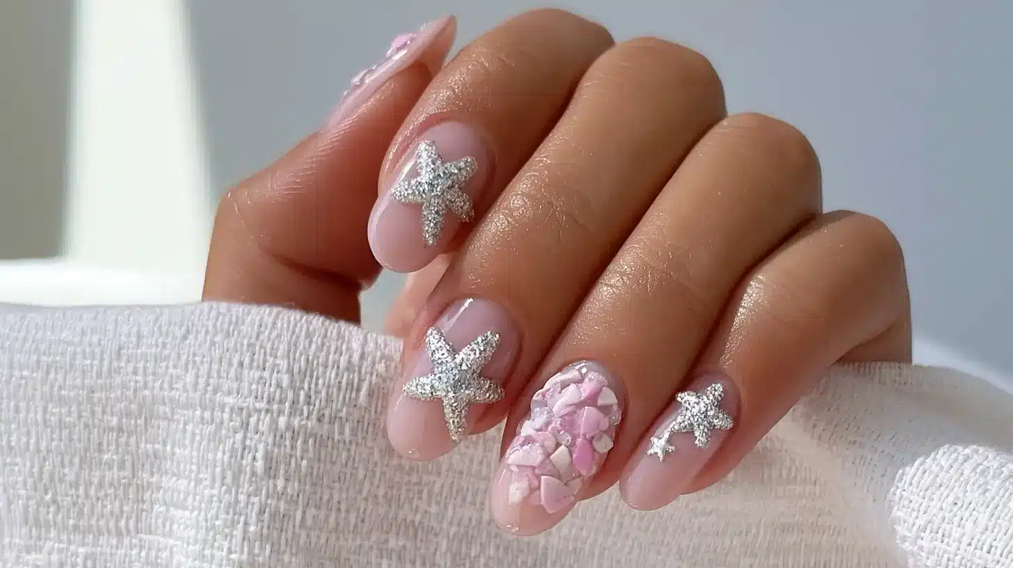 Nude nails with silver glitter starfish and pink shell chip accent design.