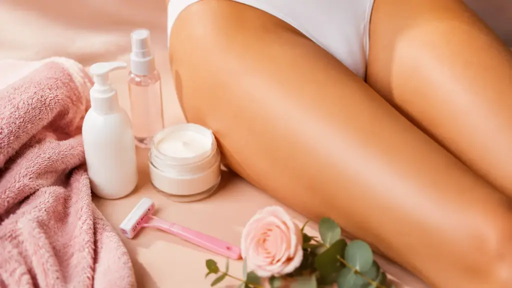 Brazilian wax aftercare essentials with soothing skincare products and a relaxed self care setup for calming freshly waxed skin