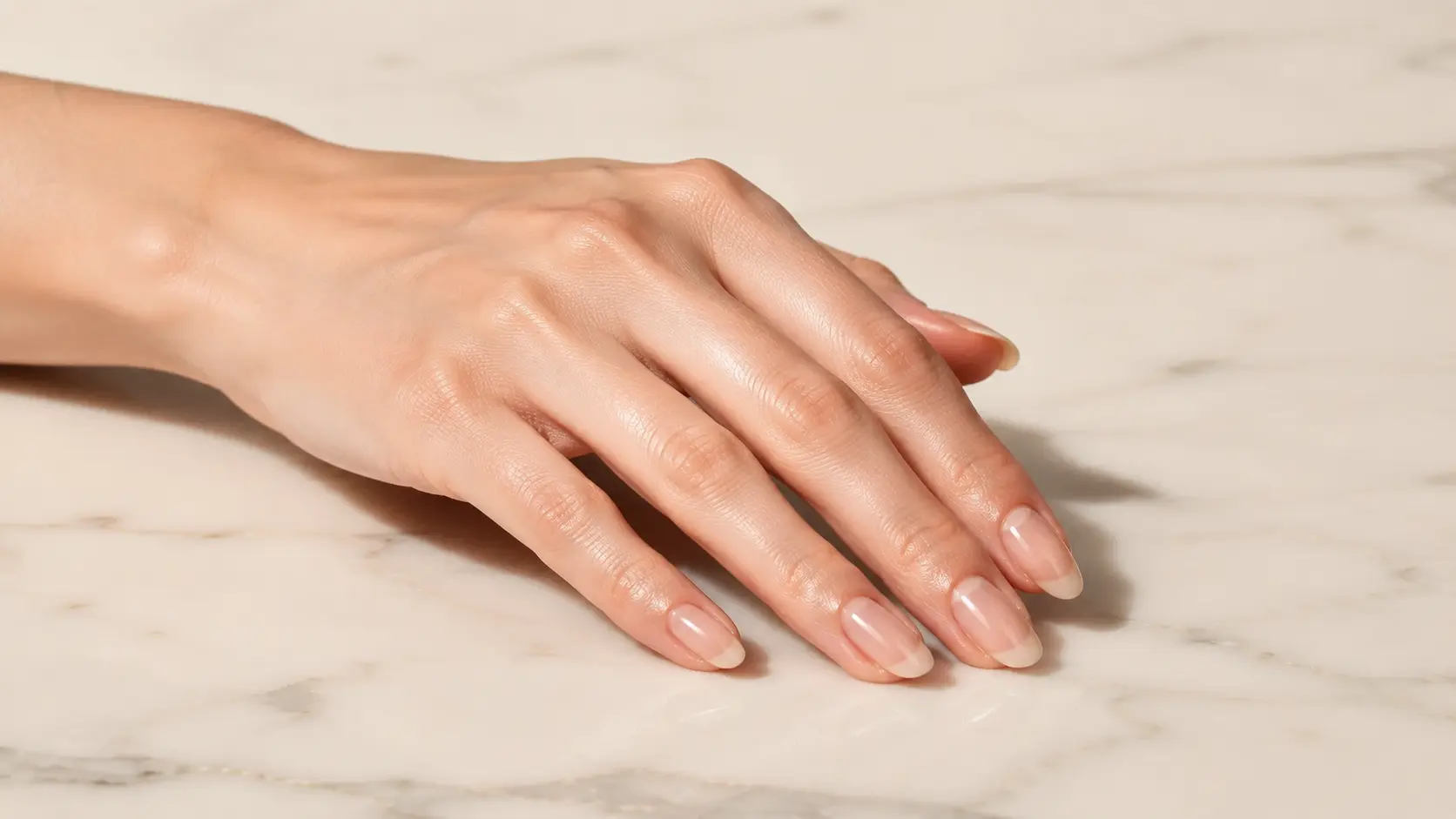 Sheer wash nail design with glossy nude polish on a relaxed hand showing a clean and natural simple manicure look