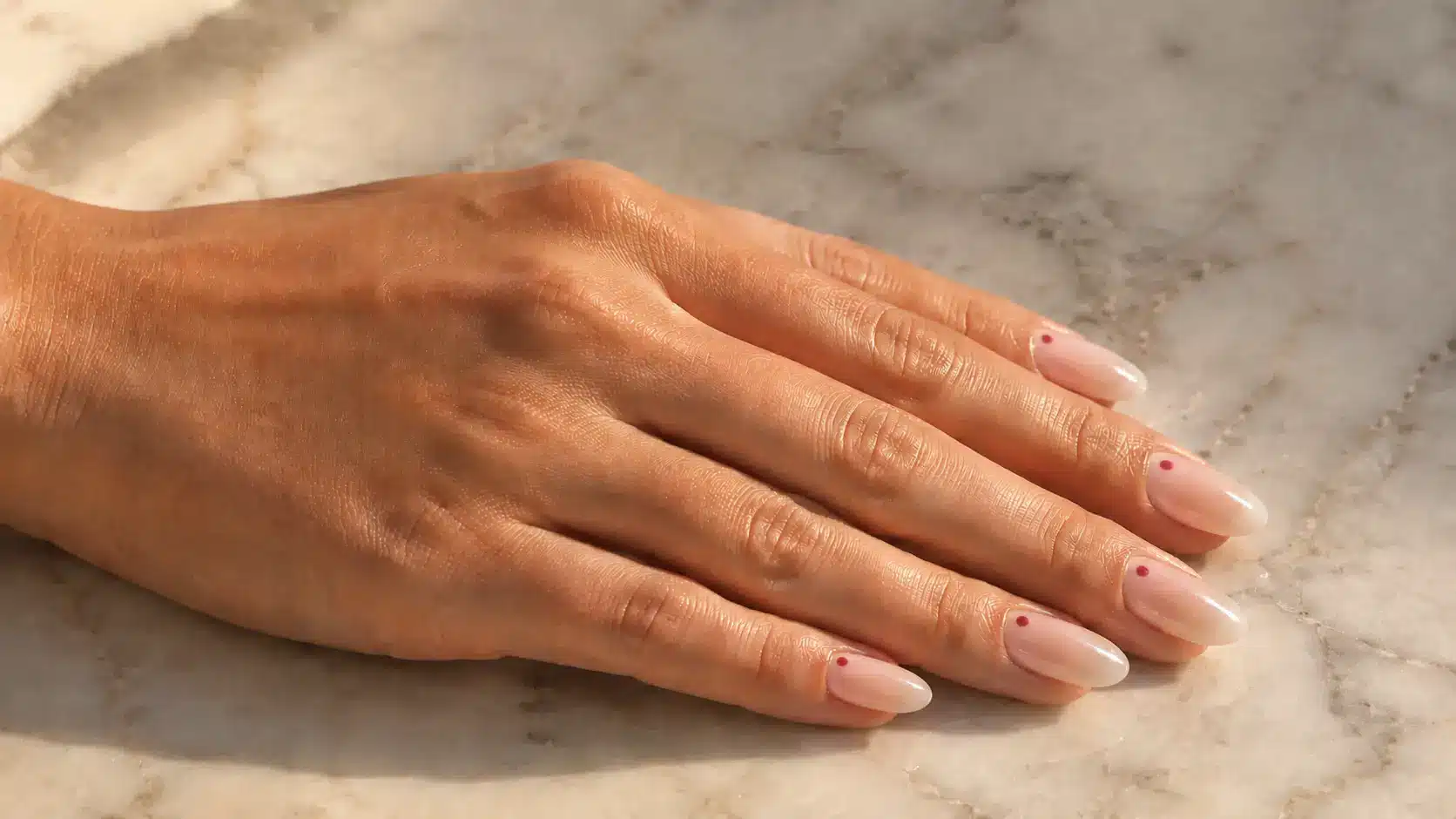 Single dot accent nail design featuring glossy nude nails with tiny red cuticle dots for a simple nail art look