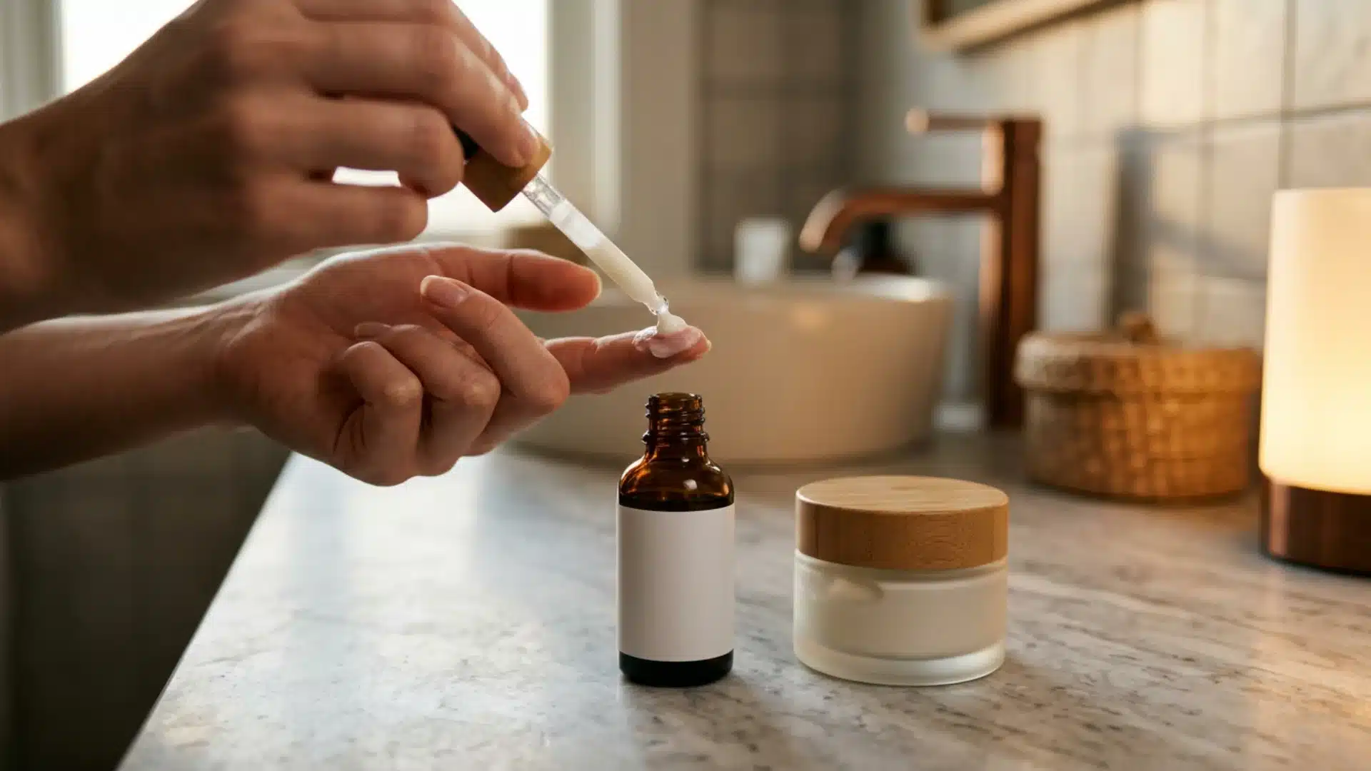 Hands applying skincare serum with dropper bottle and moisturizer jar on bathroom counter during a daily beauty routine