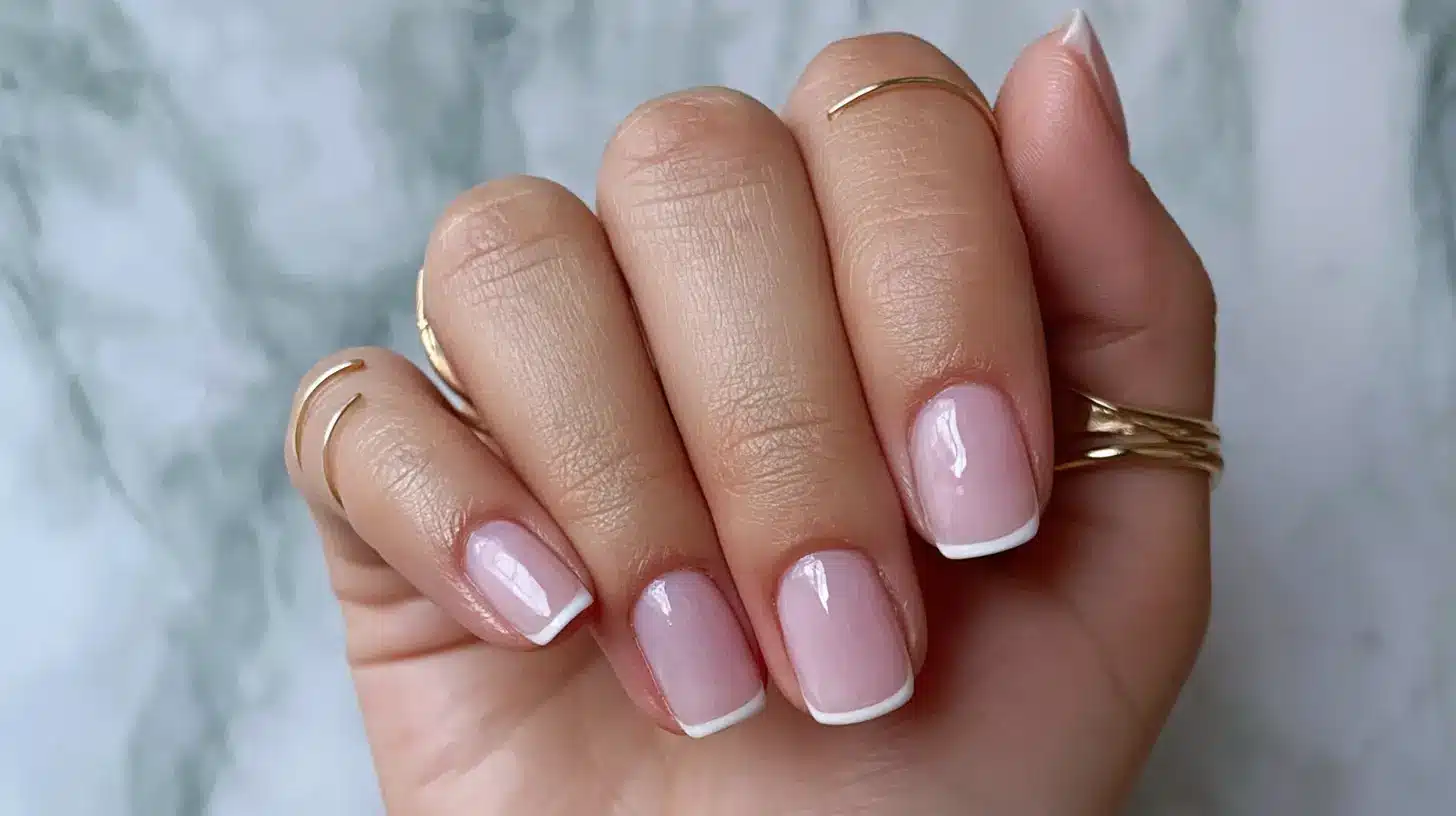 Short square French manicure with sheer pink polish and crisp white tips, styled with delicate gold rings.