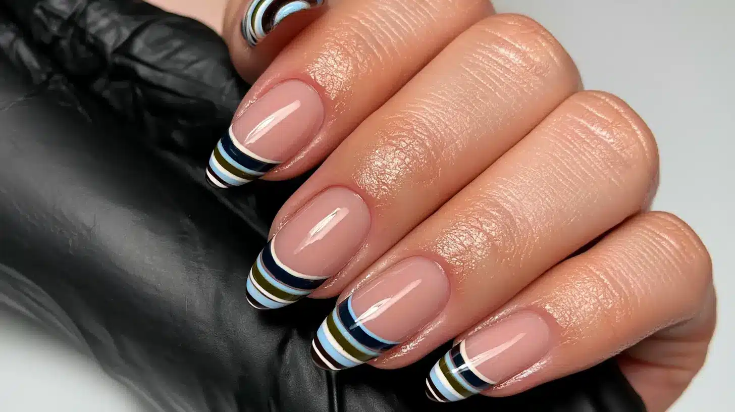 A hand with glossy almond-shaped nails featuring a nude base and multi-colored striped French tips.