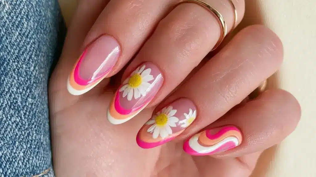 Almond-shaped nails with pink, peach, and white swirled French tips and hand-painted white daisy accents on two fingers