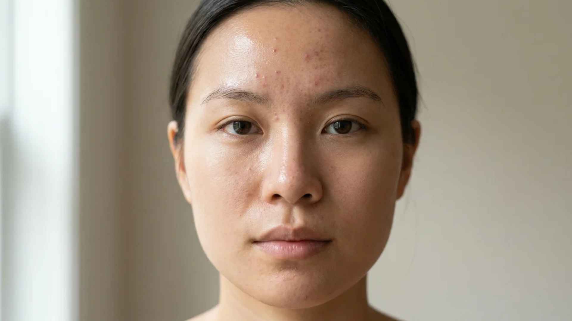 Close-up face showing T-zone acne on forehead, nose, and chin with oily skin and clogged pores causing breakouts.