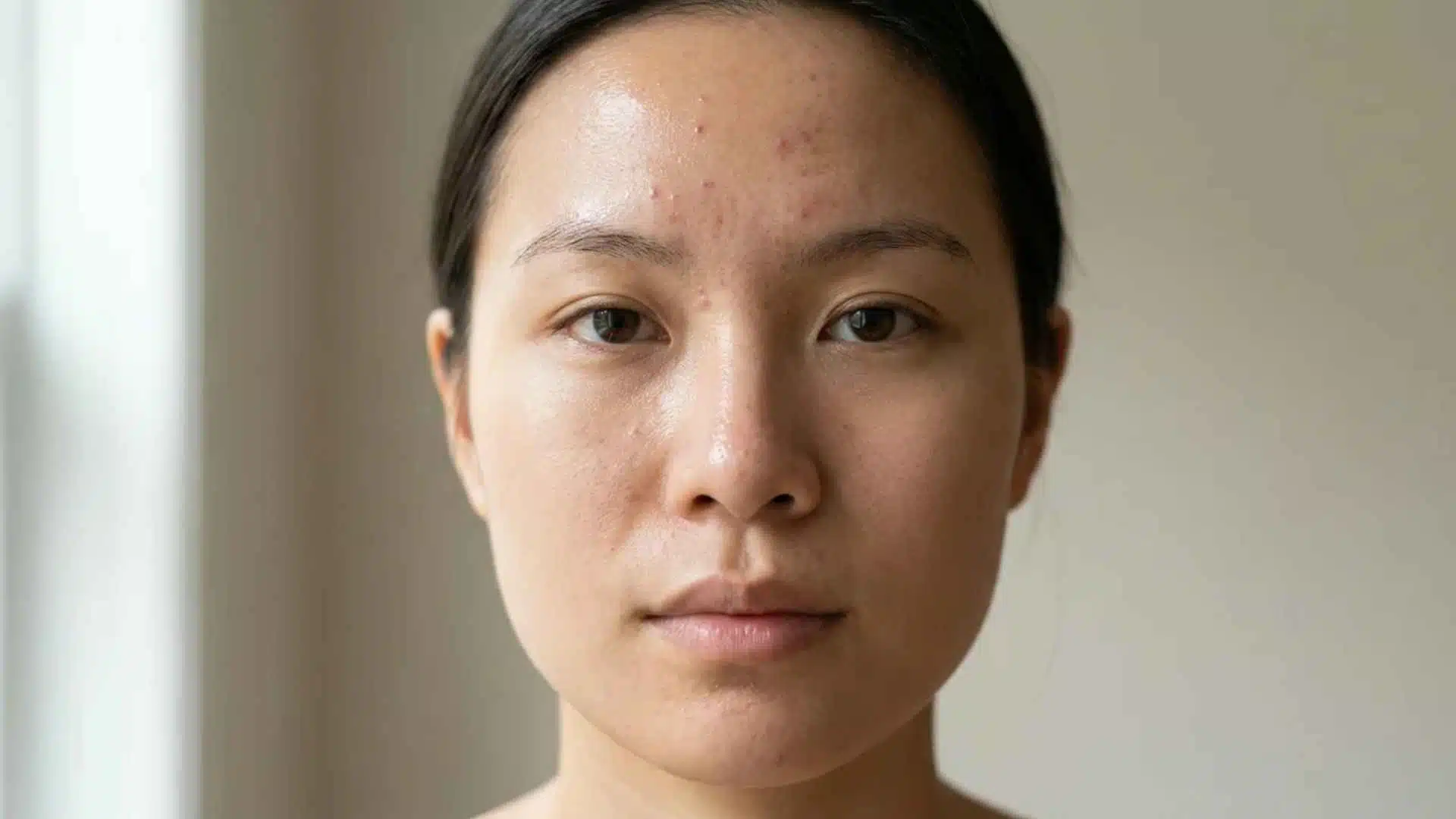 Close-up face showing T-zone acne on forehead, nose, and chin with oily skin and clogged pores causing breakouts.