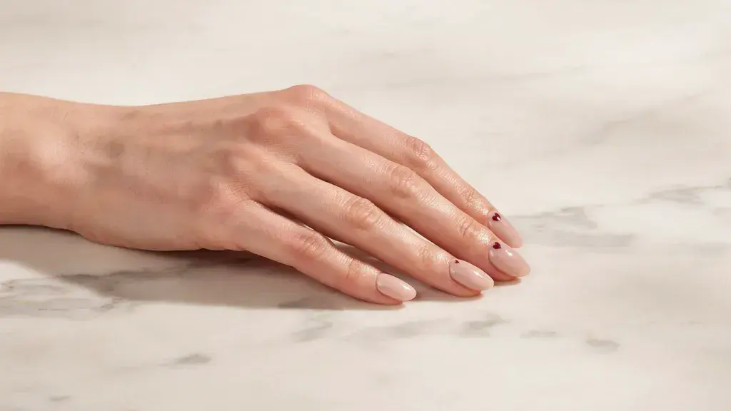 Tiny heart nail design with glossy nude nails featuring delicate red heart accents for a simple nail art look