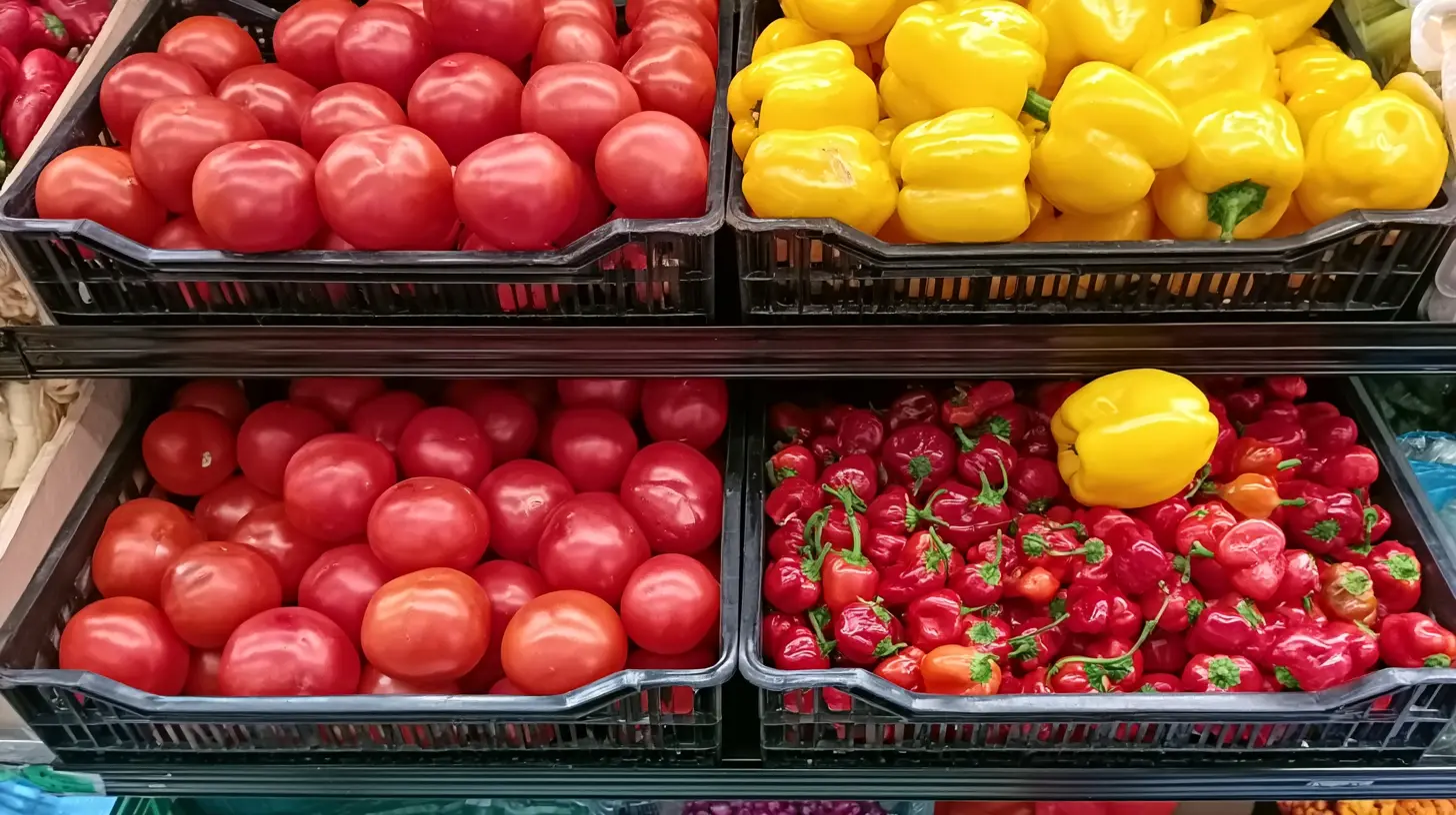 fresh red tomatoes, yellow bell peppers, and red chili peppers
