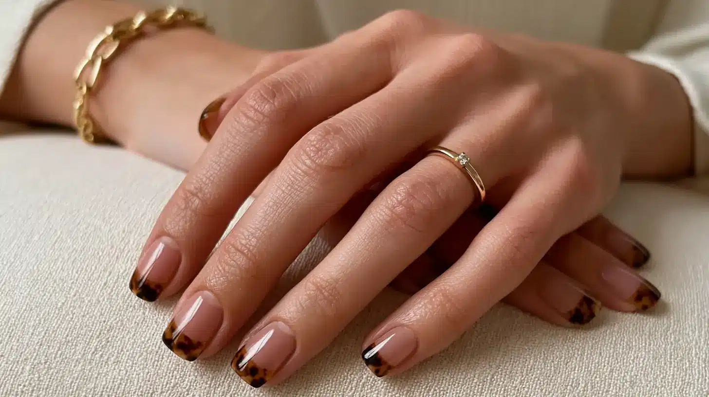Short square nails with tortoiseshell print French tips on a nude base.
