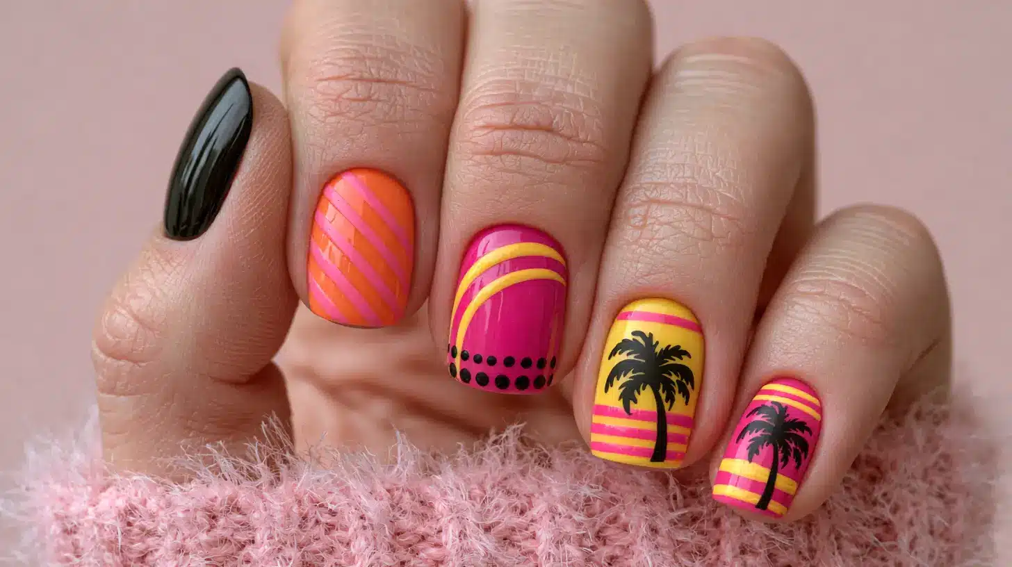 Bright tropical nail art with pink and yellow stripes and palm tree designs on short nails.