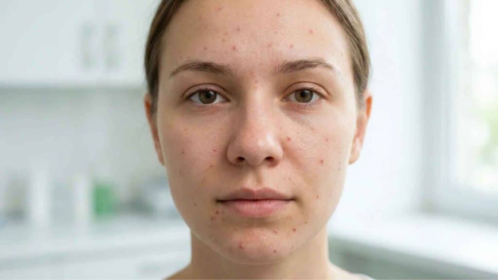 Close-up face showing common acne breakout zones on forehead, cheeks, nose, and chin for understanding acne patterns and triggers