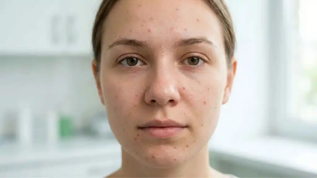 Close-up face showing common acne breakout zones on forehead, cheeks, nose, and chin for understanding acne patterns and triggers