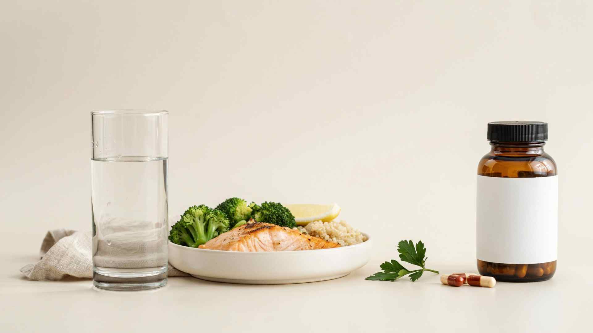 Balanced meal and water next to detox pills, contrasting real liver support with quick fixes